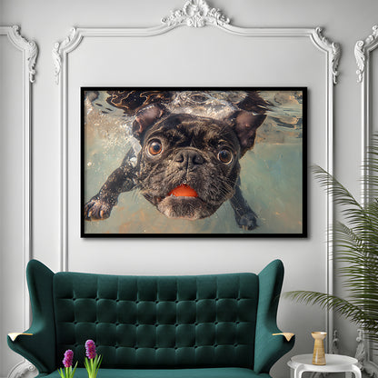 Funny Black Bulldog Underwater, Framed  Print, Painting Art, Framed Art Print Wall Decor, Framed Picture