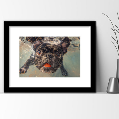 Funny Black Bulldog Underwater, Framed  Print, Painting Art, Framed Art Print White Border Wall Decor