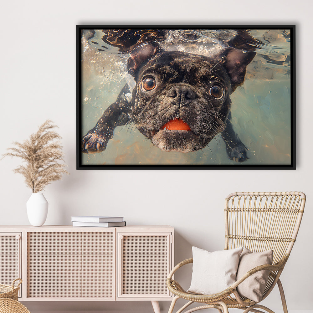 Funny Black Bulldog Underwater, Framed Canvas Print, Painting Art, Floating Framed Canvas Print Wall Art