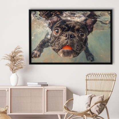 Funny Black Bulldog Underwater, Framed Canvas Print, Painting Art, Floating Framed Canvas Print Wall Art