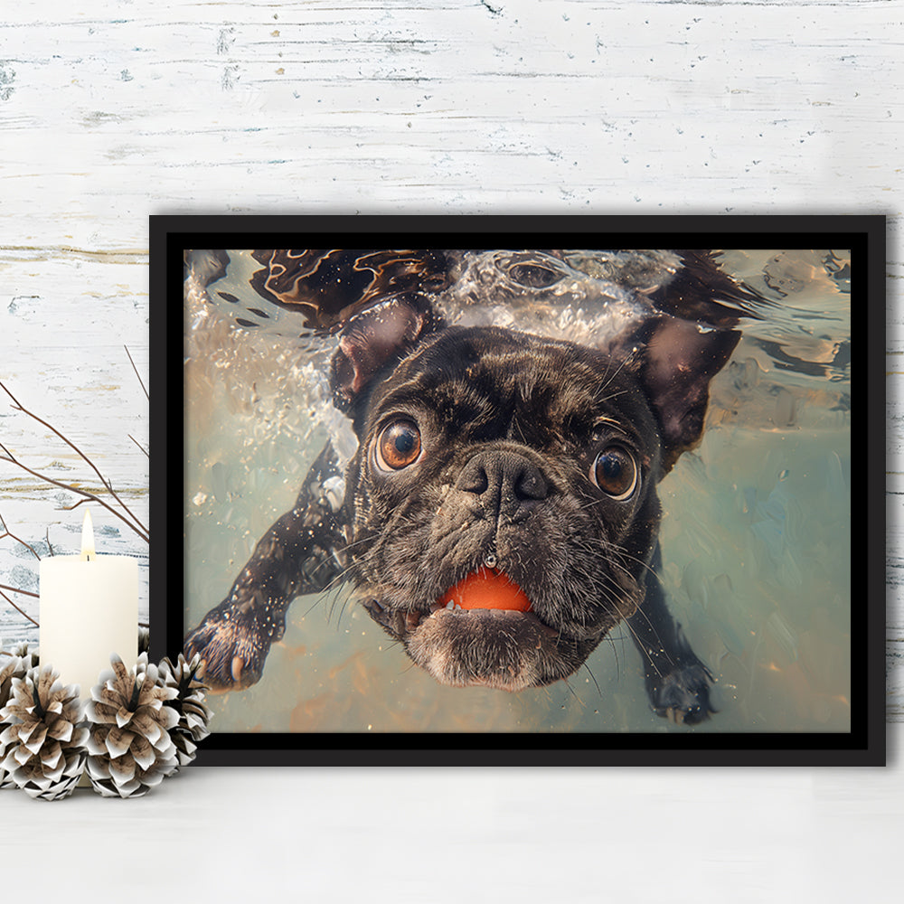 Funny Black Bulldog Underwater, Framed Canvas Print, Painting Art, Floating Framed Canvas Print Wall Art