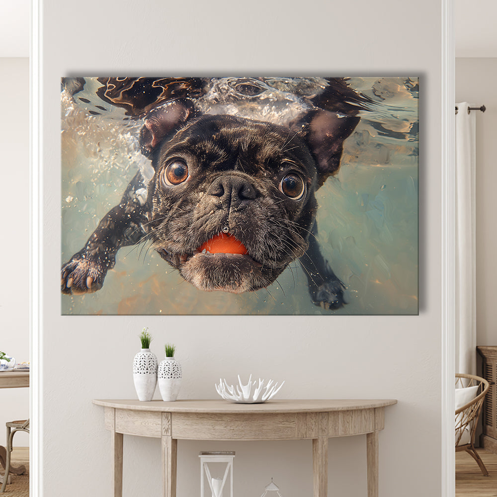 Funny Black Bulldog Underwater, Canvas Art Decor Print, Painting Art, Canvas Print Wall Art Home Decor