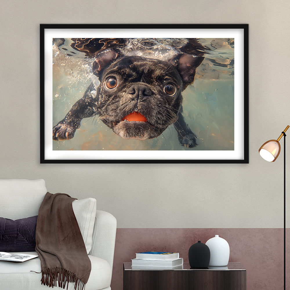 Funny Black Bulldog Underwater, Framed  Print, Painting Art, Framed Art Print White Border Wall Decor