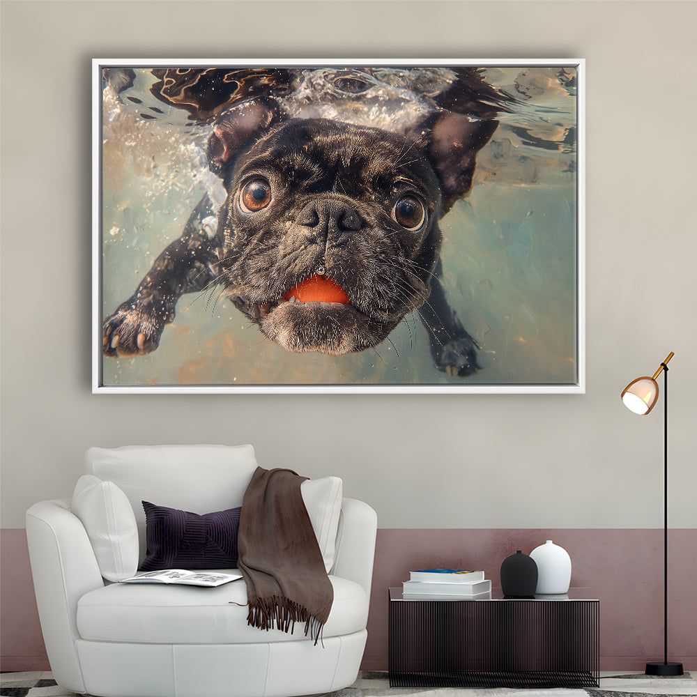 Funny Black Bulldog Underwater, Framed Canvas Print, Painting Art, Floating Framed Canvas Print Wall Art