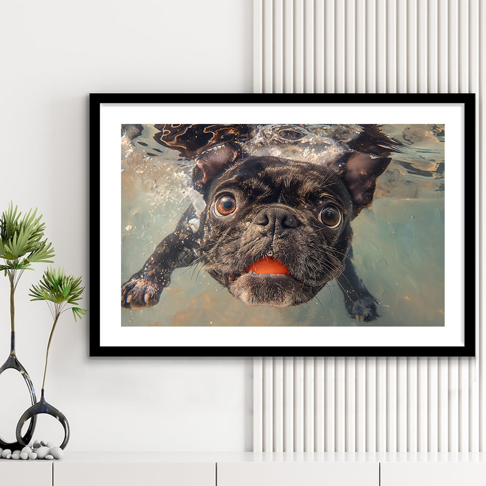 Funny Black Bulldog Underwater, Framed  Print, Painting Art, Framed Art Print White Border Wall Decor