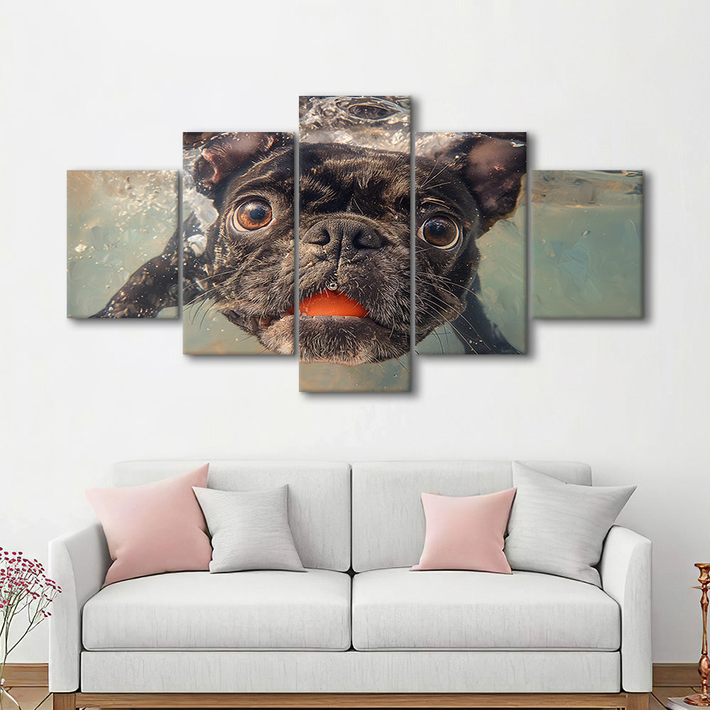 Funny Black Bulldog Underwater, Canvas Art Decor Print, Painting Art, Mixed Panels Canvas Print Wall Art