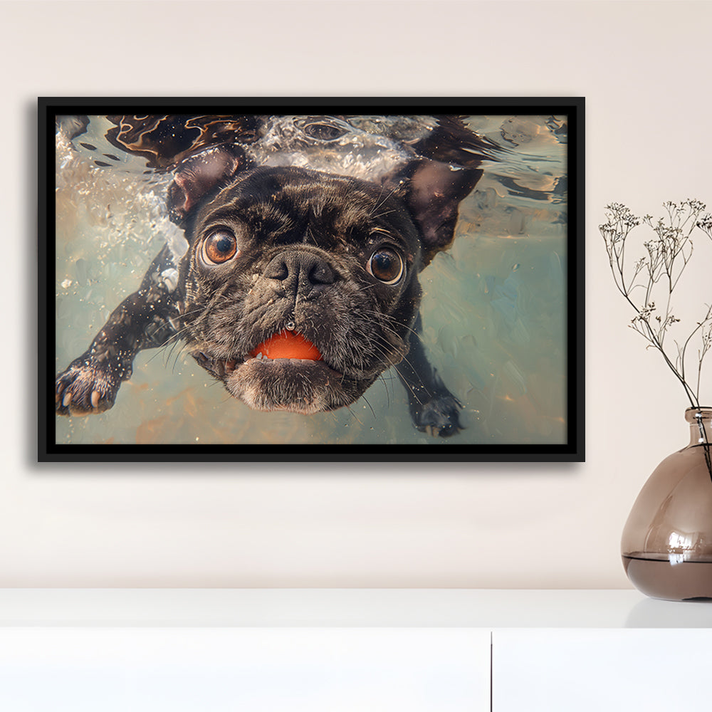 Funny Black Bulldog Underwater, Framed Canvas Print, Painting Art, Floating Framed Canvas Print Wall Art