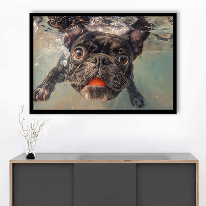 Funny Black Bulldog Underwater, Framed  Print, Painting Art, Framed Art Print Wall Decor, Framed Picture