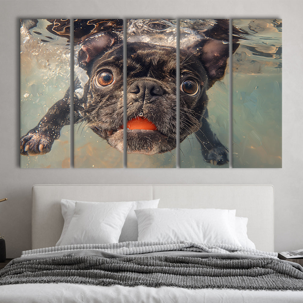 Funny Black Bulldog Underwater, Canvas Art Print, Painting Art, Multi Panels Canvas Print Wall Art