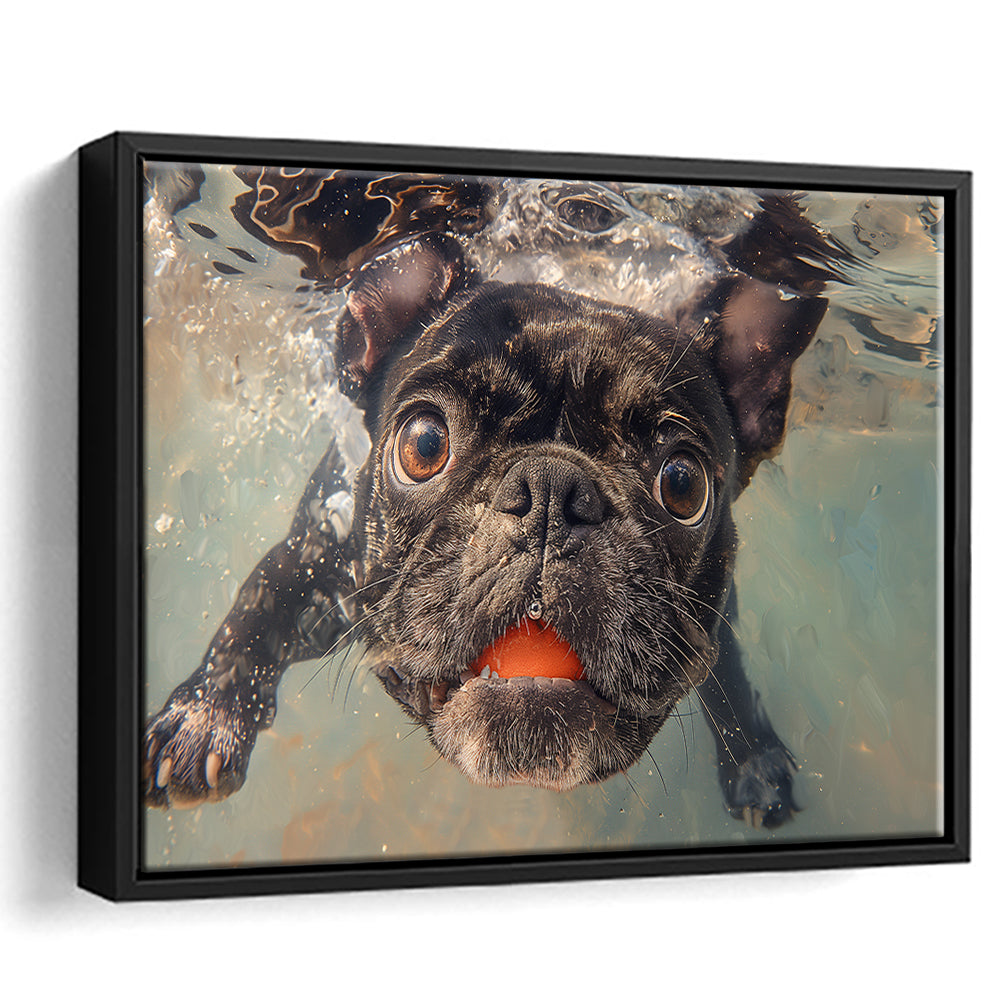 Funny Black Bulldog Underwater, Framed Canvas Print, Painting Art, Floating Framed Canvas Print Wall Art