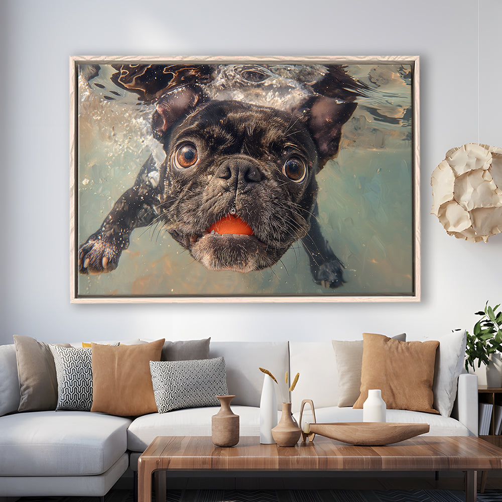 Funny Black Bulldog Underwater, Framed Canvas Print, Painting Art, Floating Framed Canvas Print Wall Art