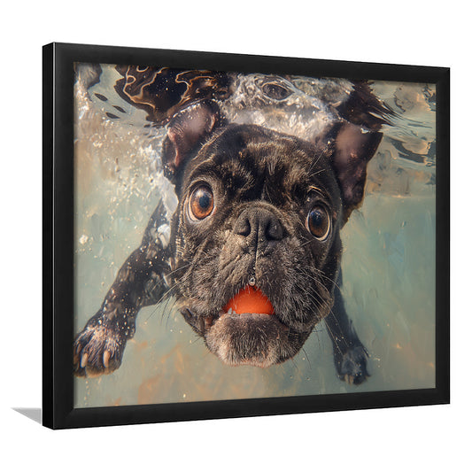 Funny Black Bulldog Underwater, Framed  Print, Painting Art, Framed Art Print Wall Decor, Framed Picture