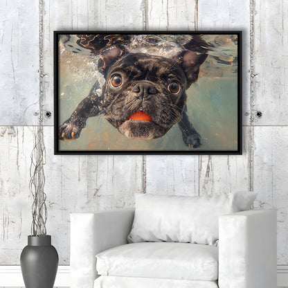 Funny Black Bulldog Underwater, Framed Canvas Print, Painting Art, Floating Framed Canvas Print Wall Art