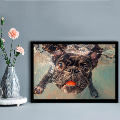 Funny Black Bulldog Underwater, Framed  Print, Painting Art, Framed Art Print Wall Decor, Framed Picture
