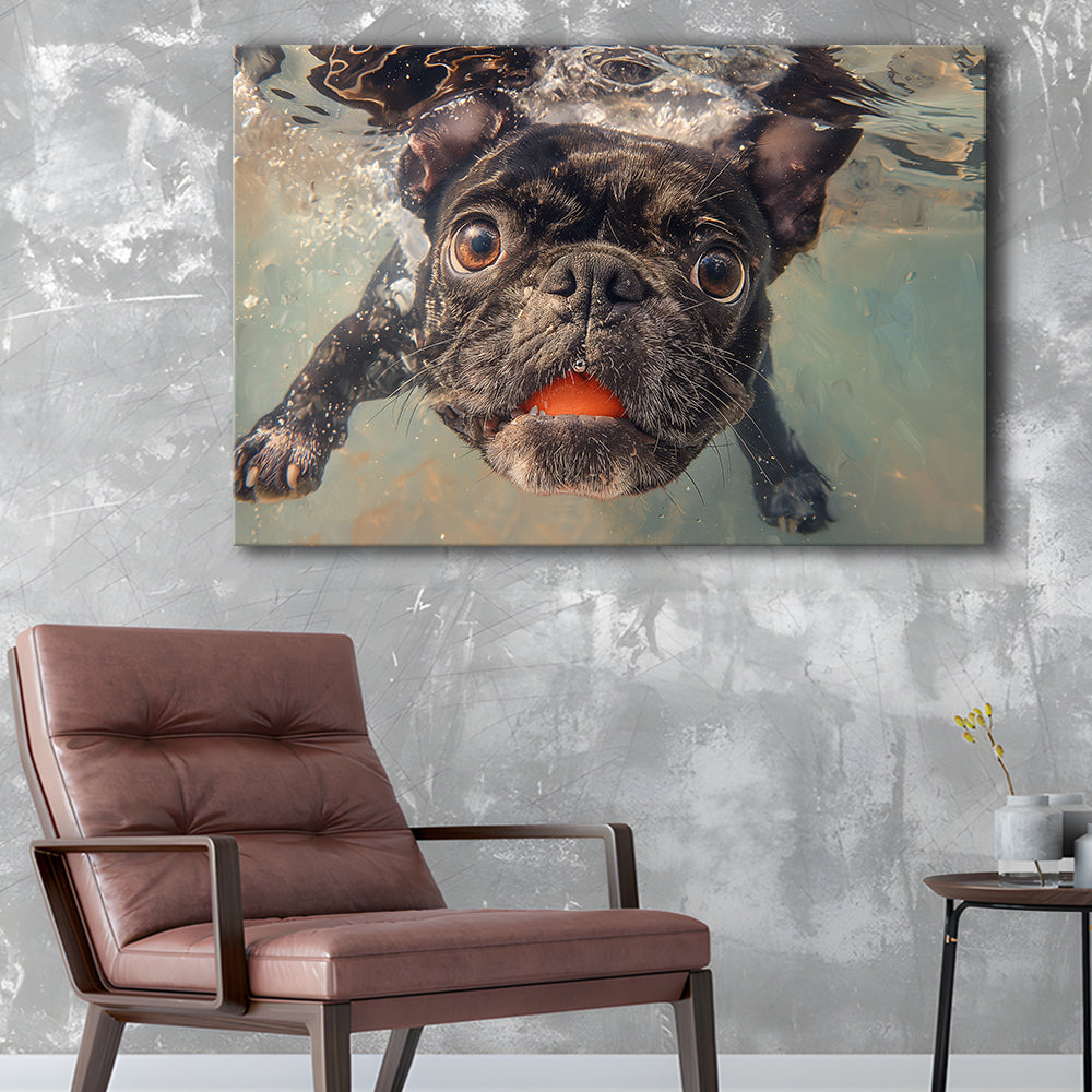 Funny Black Bulldog Underwater, Canvas Art Decor Print, Painting Art, Canvas Print Wall Art Home Decor