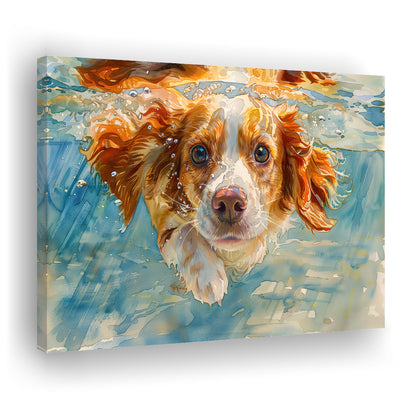 Funny Brittany Spaniel Dog Playing Swiming Underwater, Canvas Print Wall Art Home Decor