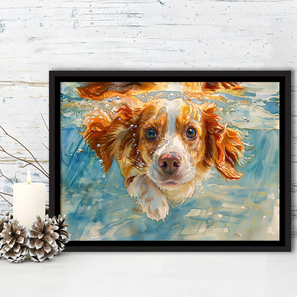 Funny Brittany Spaniel Dog Playing Swiming Underwater, Floating Framed Canvas Print Wall Art