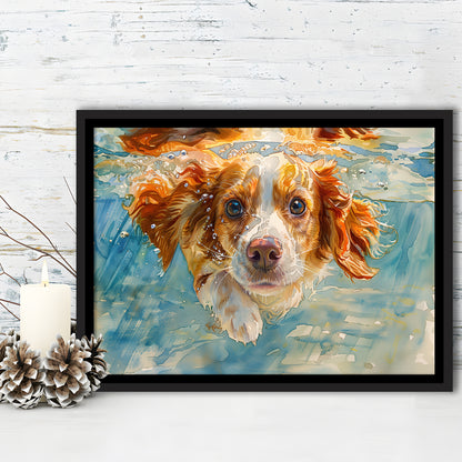 Funny Brittany Spaniel Dog Playing Swiming Underwater, Floating Framed Canvas Print Wall Art