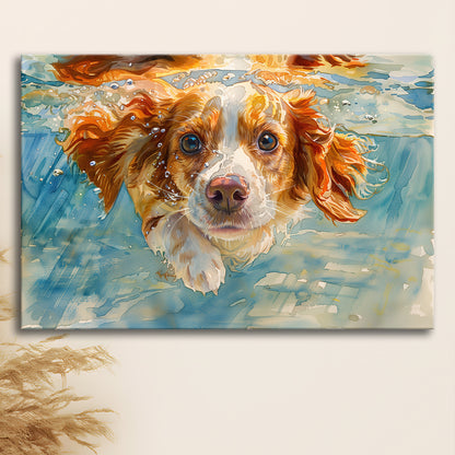 Funny Brittany Spaniel Dog Playing Swiming Underwater, Canvas Print Wall Art Home Decor