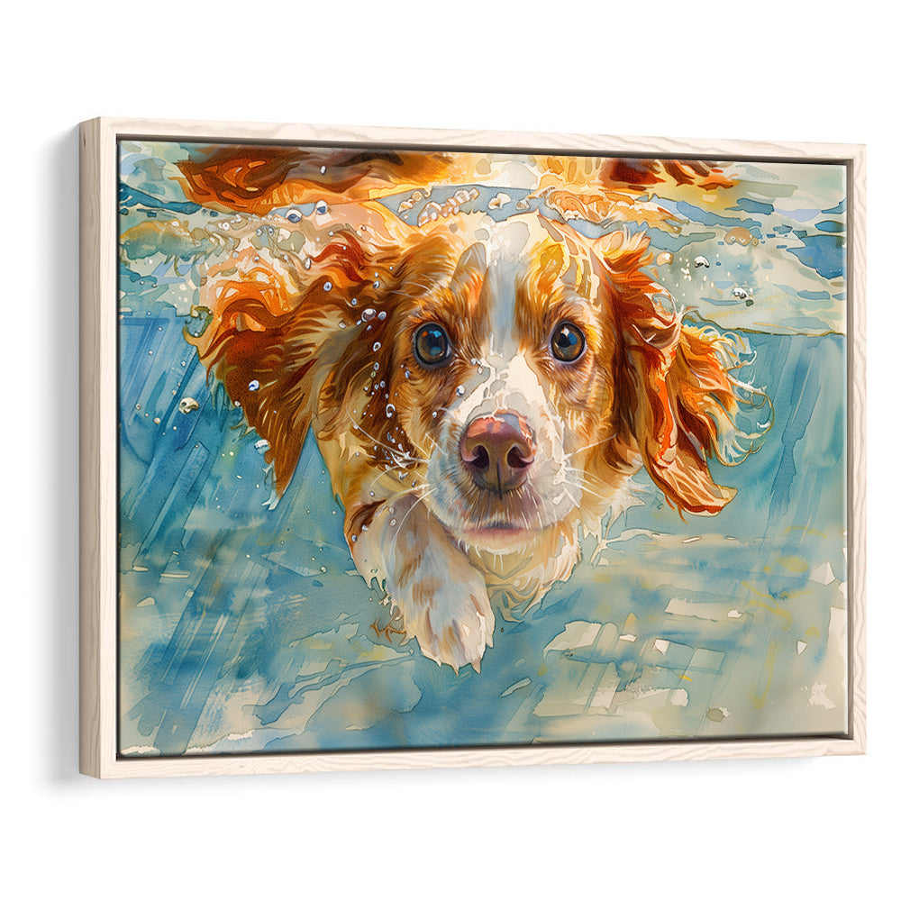 Funny Brittany Spaniel Dog Playing Swiming Underwater, Floating Framed Canvas Print Wall Art