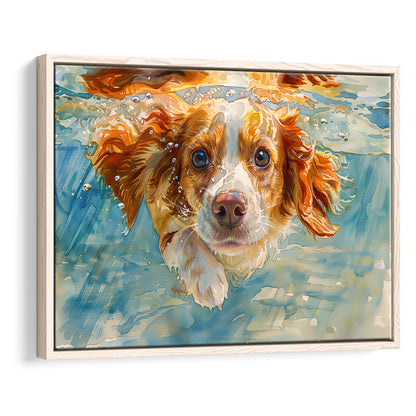 Funny Brittany Spaniel Dog Playing Swiming Underwater, Floating Framed Canvas Print Wall Art