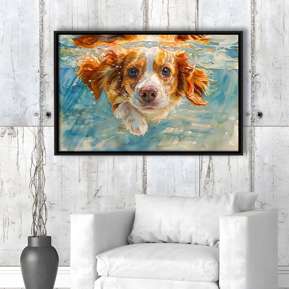 Funny Brittany Spaniel Dog Playing Swiming Underwater, Floating Framed Canvas Print Wall Art