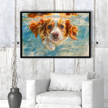 Funny Brittany Spaniel Dog Playing Swiming Underwater, Floating Framed Canvas Print Wall Art