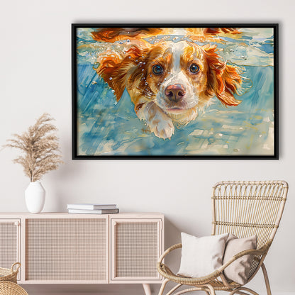 Funny Brittany Spaniel Dog Playing Swiming Underwater, Floating Framed Canvas Print Wall Art