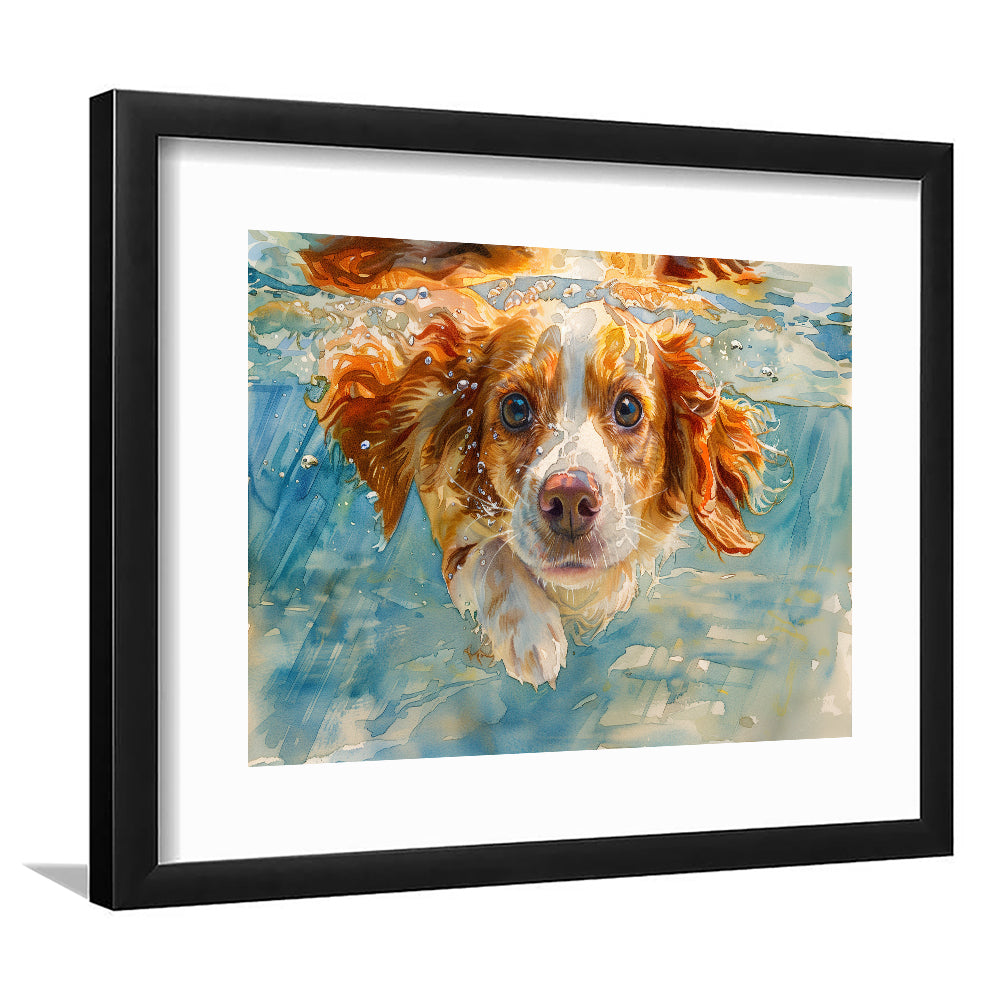Funny Brittany Spaniel Dog Playing Swiming Underwater, Framed Art Print White Border Wall Decor