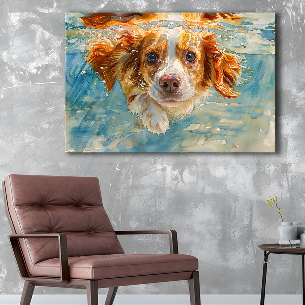 Funny Brittany Spaniel Dog Playing Swiming Underwater, Canvas Print Wall Art Home Decor