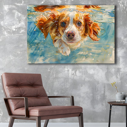 Funny Brittany Spaniel Dog Playing Swiming Underwater, Canvas Print Wall Art Home Decor