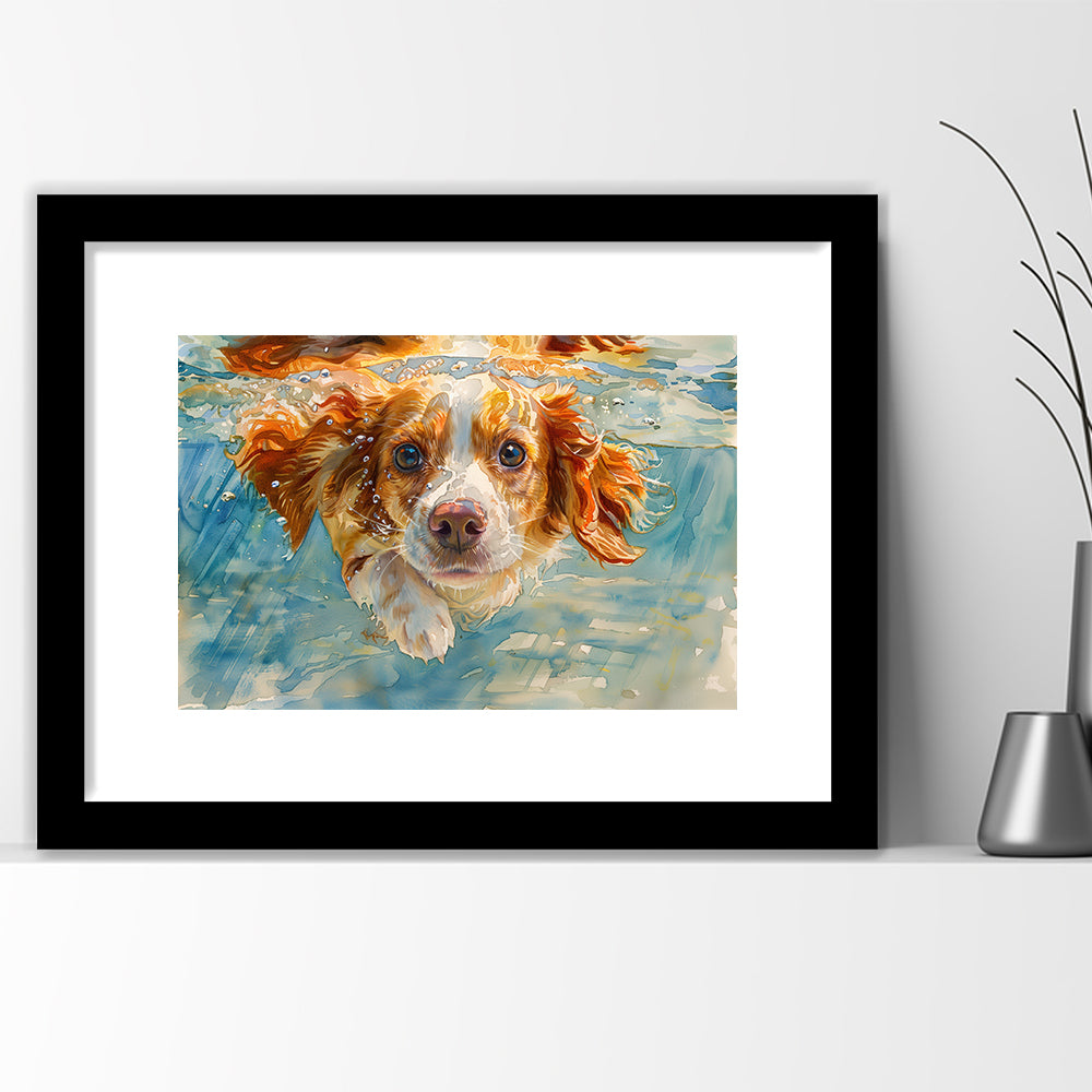 Funny Brittany Spaniel Dog Playing Swiming Underwater, Framed Art Print White Border Wall Decor