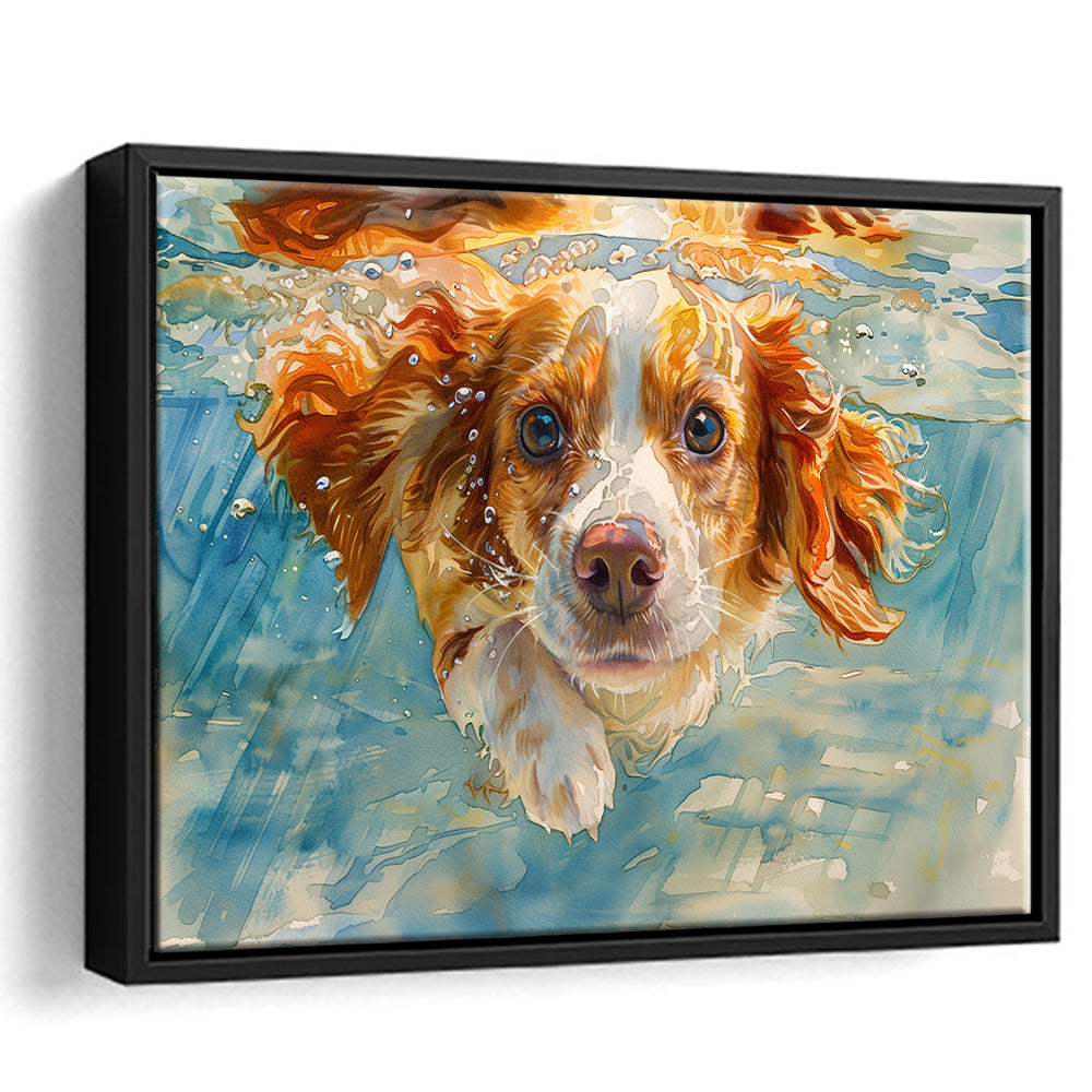 Funny Brittany Spaniel Dog Playing Swiming Underwater, Floating Framed Canvas Print Wall Art