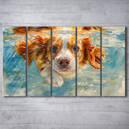 Funny Brittany Spaniel Dog Playing Swiming Underwater, Multi Panels Canvas Print Wall Art