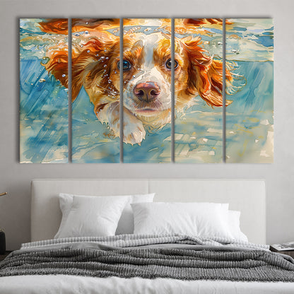 Funny Brittany Spaniel Dog Playing Swiming Underwater, Multi Panels Canvas Print Wall Art