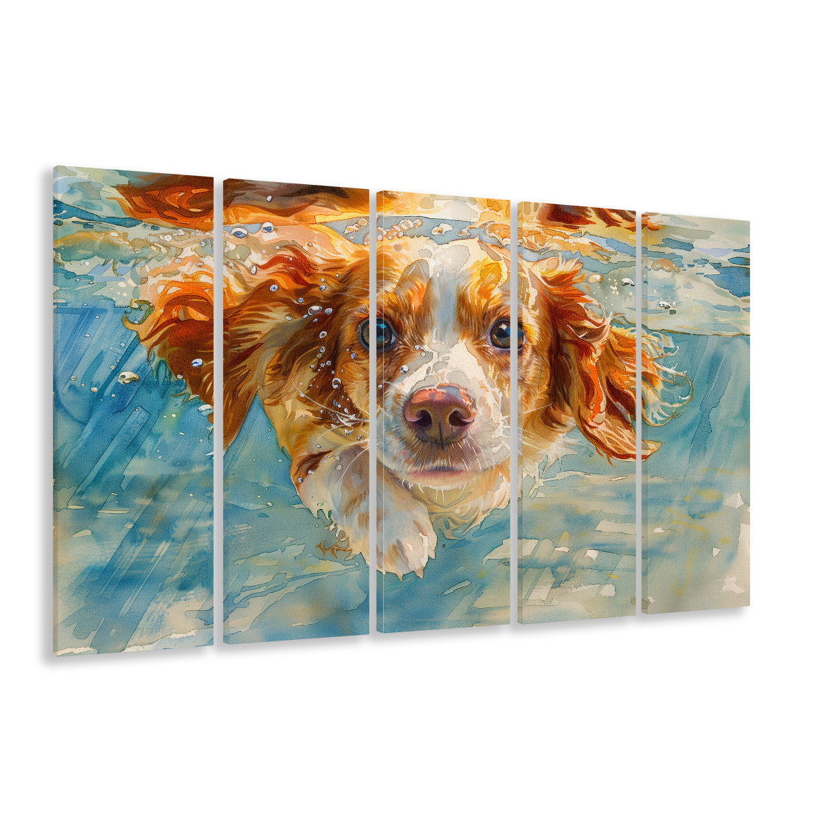 Funny Brittany Spaniel Dog Playing Swiming Underwater, Multi Panels Canvas Print Wall Art