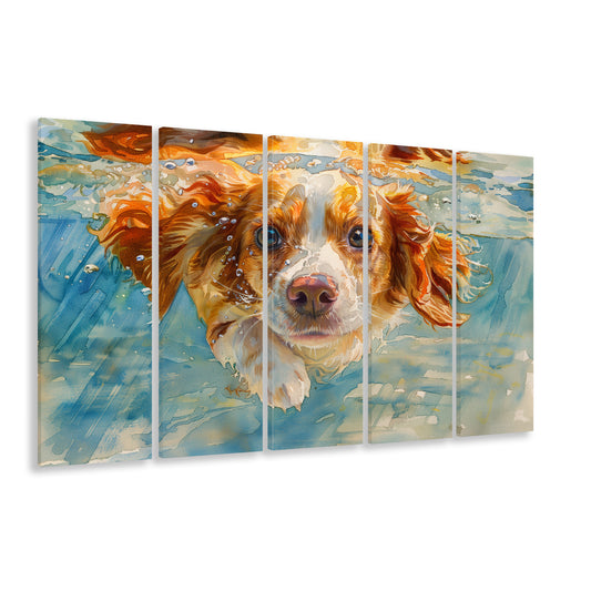 Funny Brittany Spaniel Dog Playing Swiming Underwater, Multi Panels Canvas Print Wall Art