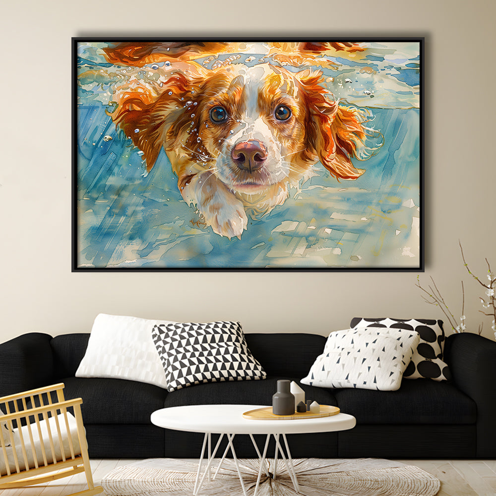 Funny Brittany Spaniel Dog Playing Swiming Underwater, Floating Framed Canvas Print Wall Art