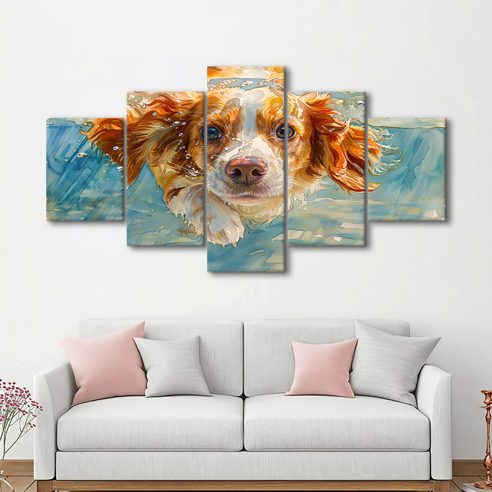 Funny Brittany Spaniel Dog Playing Swiming Underwater, Mixed Panels Canvas Print Wall Art