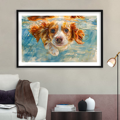 Funny Brittany Spaniel Dog Playing Swiming Underwater, Framed Art Print White Border Wall Decor