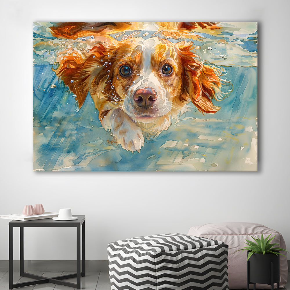 Funny Brittany Spaniel Dog Playing Swiming Underwater, Canvas Print Wall Art Home Decor