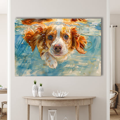 Funny Brittany Spaniel Dog Playing Swiming Underwater, Canvas Print Wall Art Home Decor