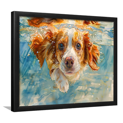 Funny Brittany Spaniel Dog Playing Swiming Underwater, Framed Art Print Wall Decor, Framed Picture