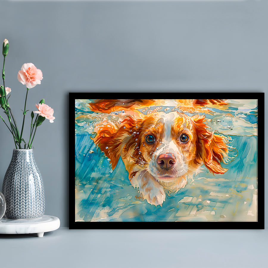 Funny Brittany Spaniel Dog Playing Swiming Underwater, Framed Art Print Wall Decor, Framed Picture