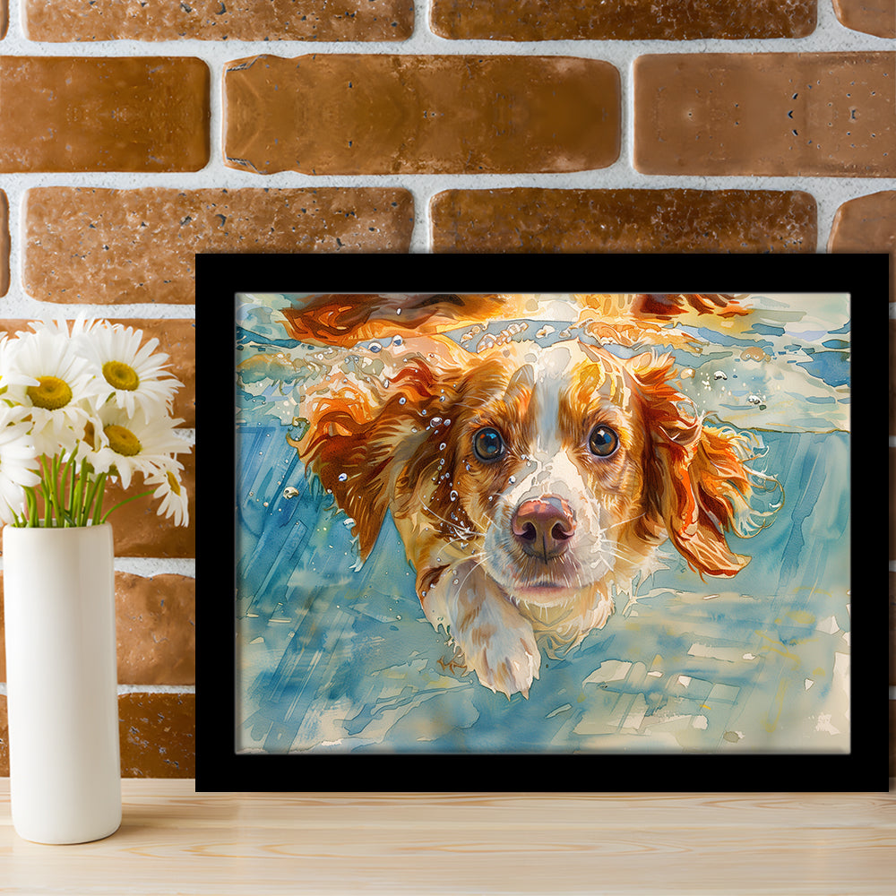 Funny Brittany Spaniel Dog Playing Swiming Underwater, Framed Art Print Wall Decor, Framed Picture
