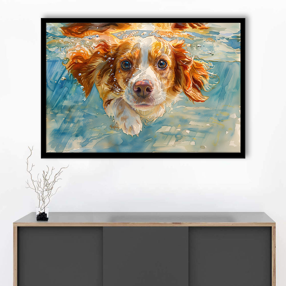 Funny Brittany Spaniel Dog Playing Swiming Underwater, Framed Art Print Wall Decor, Framed Picture