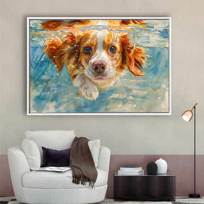 Funny Brittany Spaniel Dog Playing Swiming Underwater, Floating Framed Canvas Print Wall Art