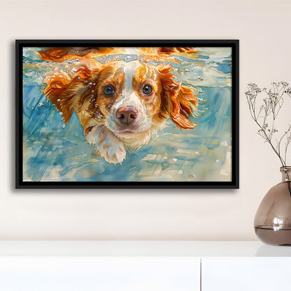 Funny Brittany Spaniel Dog Playing Swiming Underwater, Floating Framed Canvas Print Wall Art
