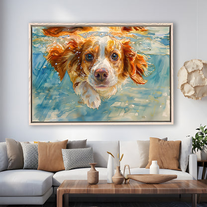 Funny Brittany Spaniel Dog Playing Swiming Underwater, Floating Framed Canvas Print Wall Art