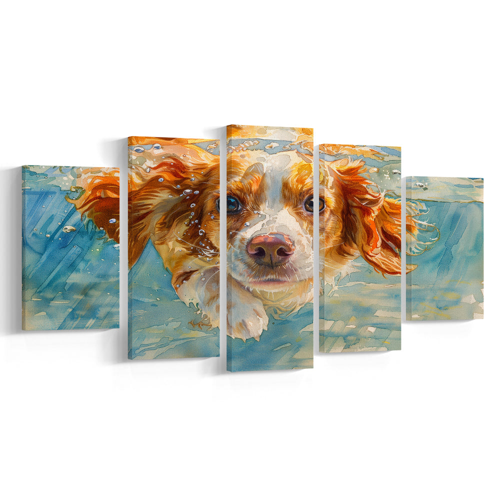 Funny Brittany Spaniel Dog Playing Swiming Underwater, Mixed Panels Canvas Print Wall Art